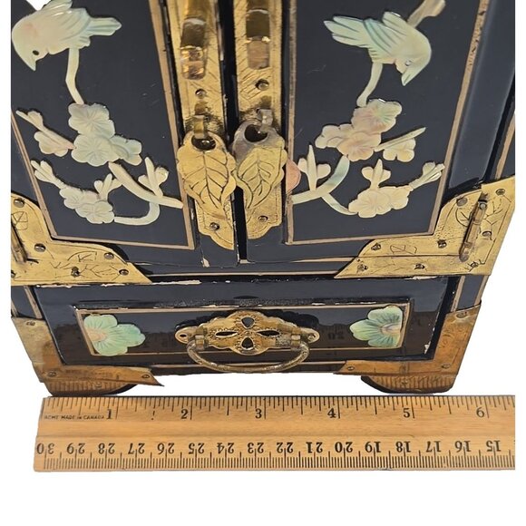 Vintage Asian Lacquer Jewelry Box Chest Brass Mother-of-Pearl Birds Flowers - Picture 13 of 15